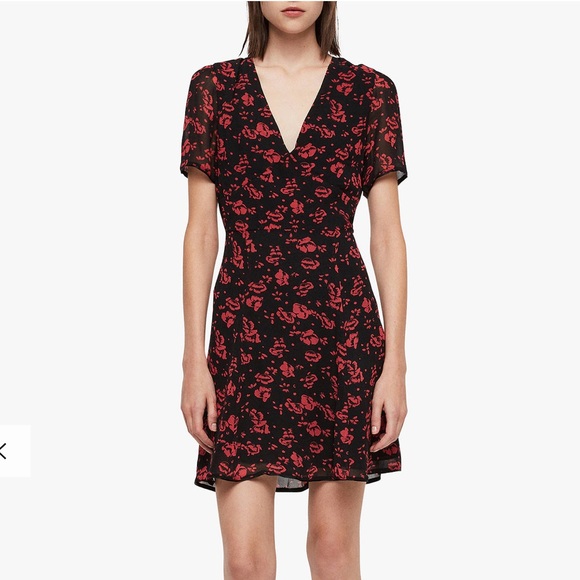 All Saints Luca Eira Red and Black Floral V Neck Dress - Picture 1 of 14
